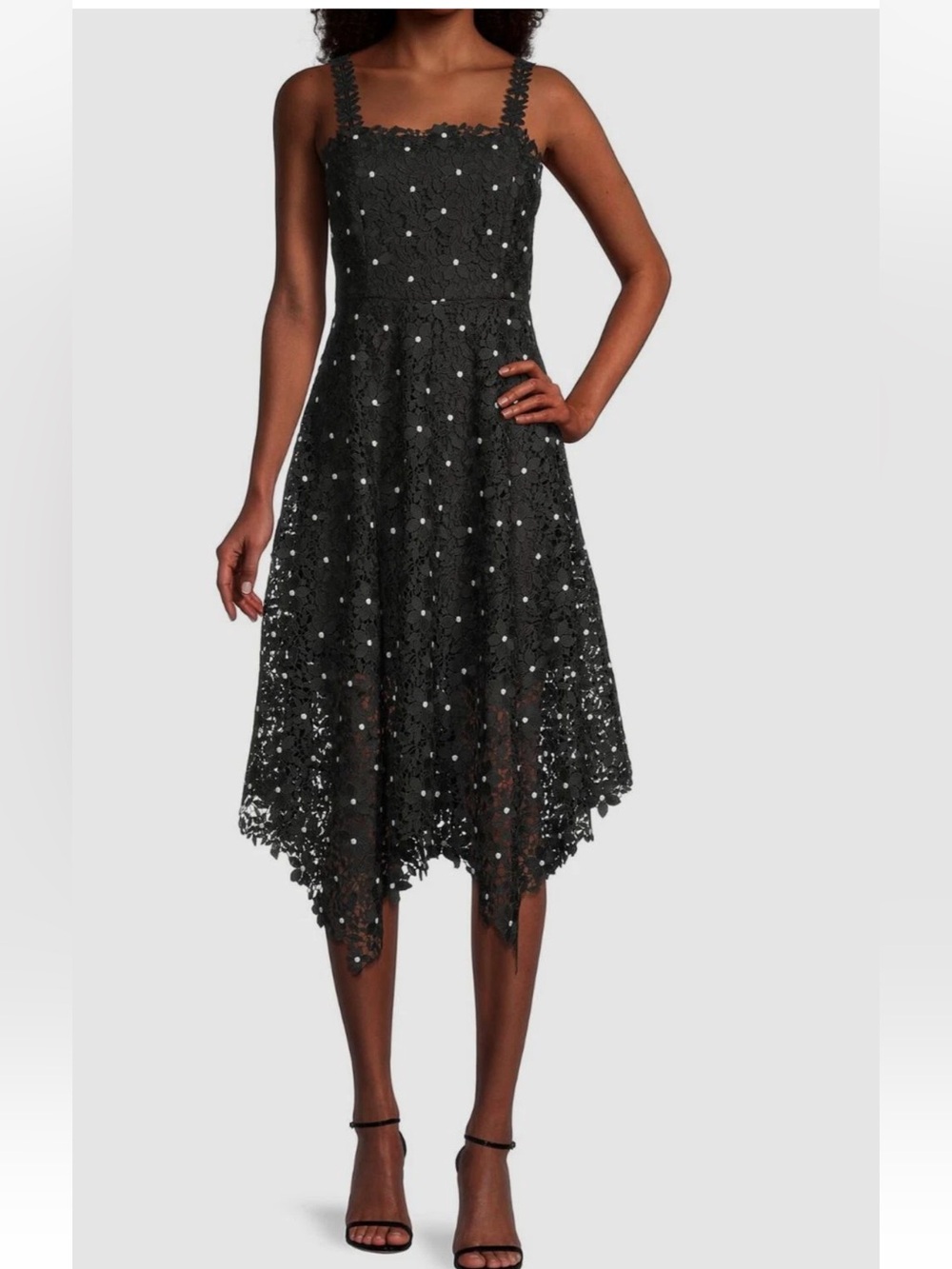 Milly Black Floral Lace Asymmetrical Hem Dress White Polka Dots | 0